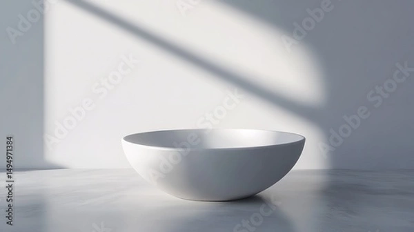 Fototapeta Minimalist white bowl placed on a clean white surface, isolated against a softly lit background, perfect for culinary or product photography, simplicity, modern design.