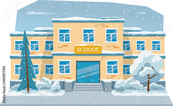 Obraz Bright and friendly vector of a school building on a snowy day. Flat cartoon style with winter trees and falling snow, perfect for educational use, holiday visuals, classroom posters, and digital.