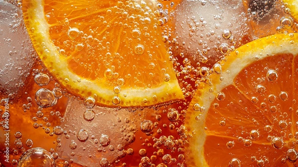 Fototapeta Sparkling Orange Slices in Iced Drink Refreshing Summer Beverage