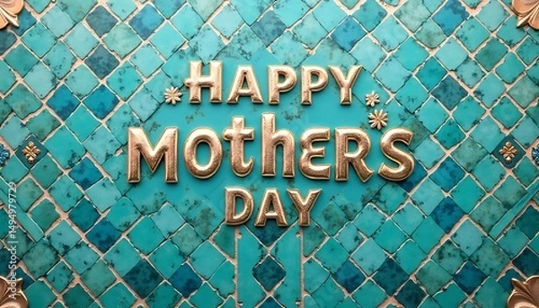 Fototapeta Happy Day Greeting on Ornate Blue Tiles