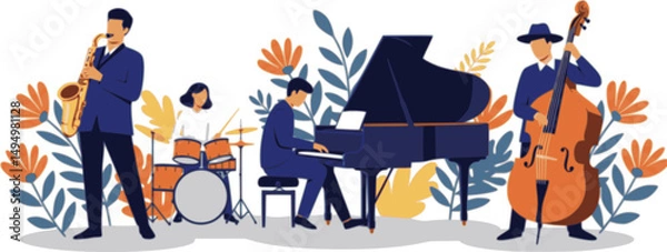 Obraz Jazz quartet. Musicians performing music on abstract floral background.
