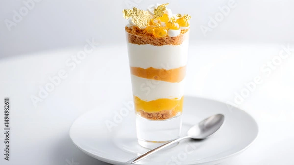 Fototapeta Delicious layered dessert served in a tall transparent glass verrine with cream, fruit, and golden garnish