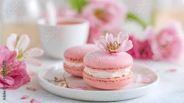 Fototapeta Delicate Rose Flavored Macarons with Petals in a Soft and Elegant Setting