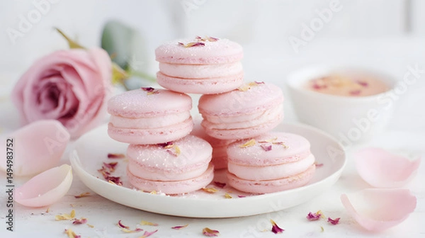 Fototapeta Elegant Rose-Flavored Macarons with Delicate Petals on a Rustic White Wooden Table