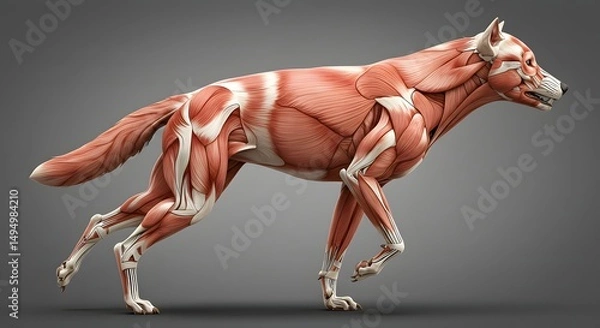 Fototapeta Detailed 3D Anatomical Model of a Running Dog Highlighting Muscular Structure and Skeletal Anatomy