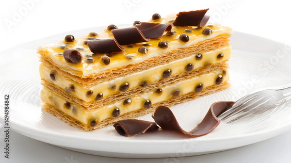 Fototapeta Delicate Puff Pastry Millefeuille with Passion Fruit Infusion and Chocolate Garnish on White Plate