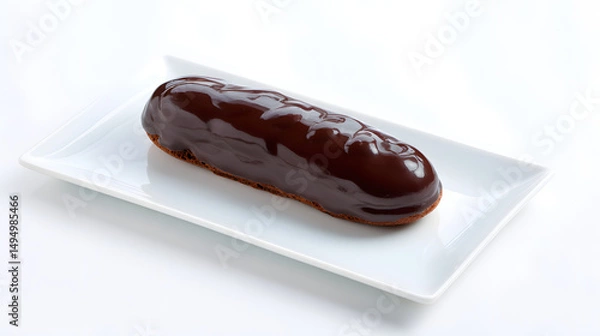 Fototapeta Elegant Chocolate Eclair on White Plate Showcasing Rich Ganache and Silky Smooth Finish Perfect for Desserts