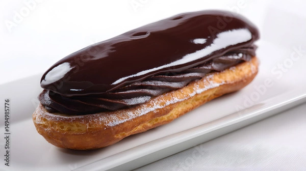 Fototapeta Delicious Eclair Pastry Filled with Intense Dark Chocolate Cream and Topped with Glossy Chocolate Ganache