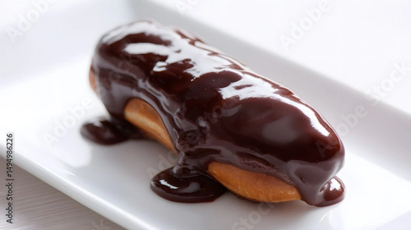Fototapeta Intense Dark Chocolate Filled Cream Puff on White Plate with Glossy Ganache Drizzle and Soft Texture