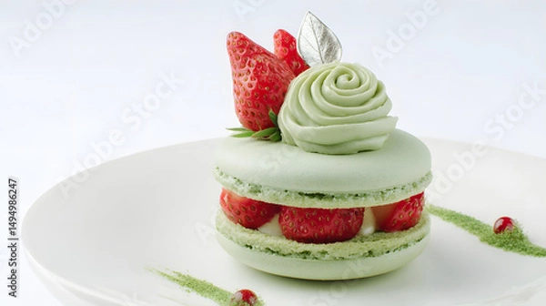 Fototapeta Delightful macaron with pistachio flavor, fresh strawberries, and decorative icing on a stylish plate