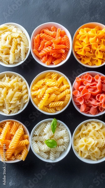 Fototapeta Various shapes and colors of uncooked pasta are displayed in bowls, showcasing an appealing arrangement ideal for culinary inspiration and recipes