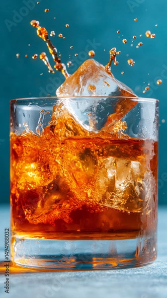 Fototapeta A clear glass filled with a brown cocktail showcases an ice cube splashing in vibrant liquid, capturing the essence of summer refreshment and enjoyment