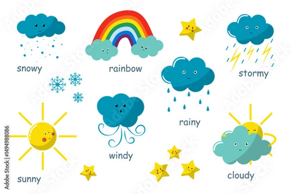 Fototapeta weather cartoon set on a white background. sunny, star, rainbow, windy, cloudy, snowy, stormy. weather character with smile and angry face. Flash cards for preschool, children. Vector illustration