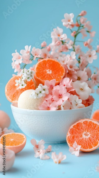 Fototapeta Fresh oranges and delicate pink flowers fill a bowl against a soft blue background, creating a lively and inviting display perfect for spring festivities