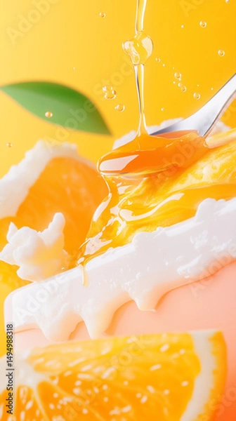 Fototapeta Juicy orange segments are artfully arranged with a dollop of creamy yogurt and a drizzle of honey, creating a refreshing and appetizing scene