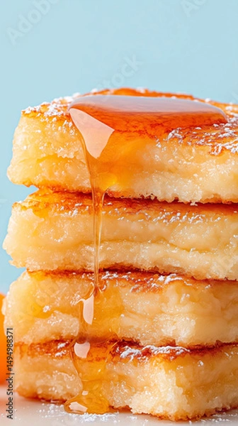 Fototapeta Fluffy pancakes are stacked high, glistening with sweet syrup that drips down the sides, creating a mouthwatering breakfast delight in a cozy kitchen environment