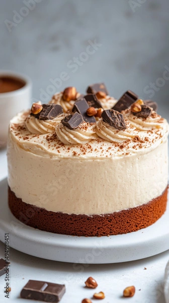 Fototapeta A beautifully crafted cake topped with smooth frosting, chocolate chunks, and nuts is displayed on a white pedestal in a warm, inviting atmosphere
