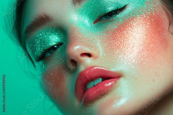 Fototapeta A talented makeup artist showcases their skills with sparkling green and pink cosmetics on a model's face under studio lighting, creating a striking visual effect