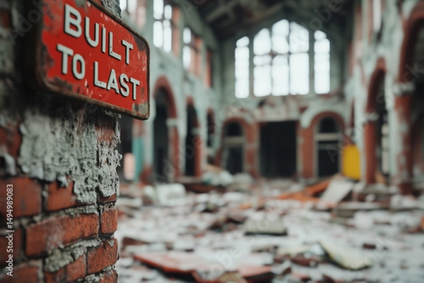 Fototapeta In a dilapidated structure, sunlight filters through broken windows, illuminating scattered debris and a sign stating “Built to Last, symbolizing enduring strength despite decay