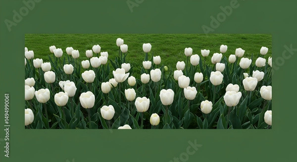 Fototapeta Lush White Tulip Field with Green Background in Beautiful Spring Scene