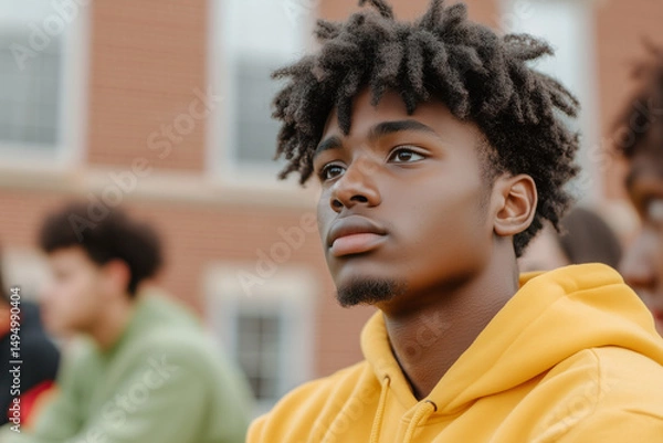 Fototapeta A young man with curly hair sits pensively during an outdoor event at a school. He wears a bright hoodie and observes his surroundings with focus