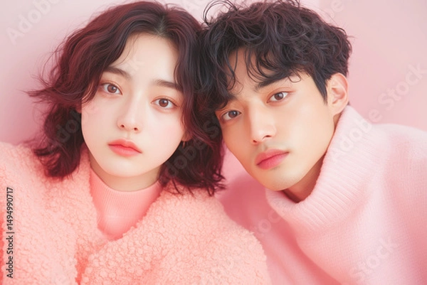 Fototapeta Two individuals sit closely together, showcasing soft pink clothing against a gentle pastel background, highlighting their serene expressions and trendy style