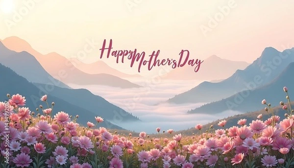 Fototapeta Pink Flowers Blooming with Mountain Landscape on Mothers Day