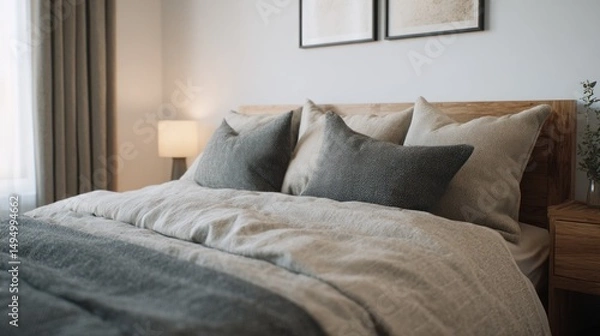 Fototapeta Inviting bedroom scene with cozy textured bedding and contemporary design elements