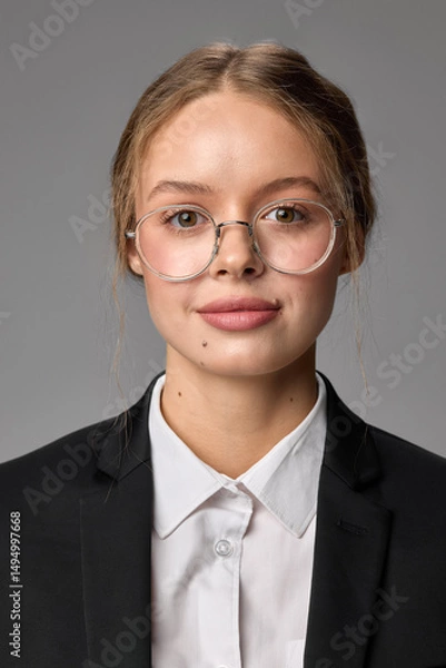 Fototapeta Studio close-up of young woman in formal attire with natural expression, wearing glasses, posing against grey studio background. Concept of emotions, identity, elegance, career, professional lifestyle