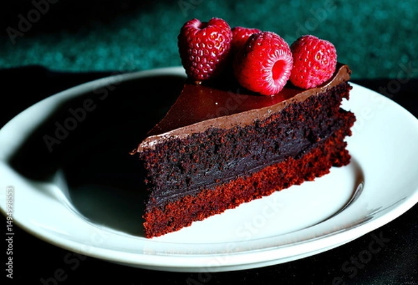 Obraz A slice of rich chocolate cake sits on a white plate, adorned with fresh raspberries. The dark cake layers and glossy ganache create a decadent dessert.