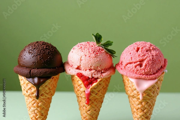 Obraz Three ice cream cones stand in a row, each with a different flavor and color: chocolate, strawberry, and raspberry.