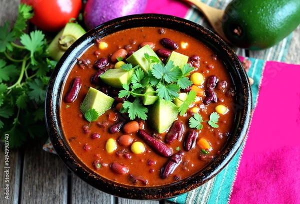 Obraz A vibrant bowl of chili topped with avocado and cilantro sits on a rustic wooden surface, surrounded by fresh  - Generative AI