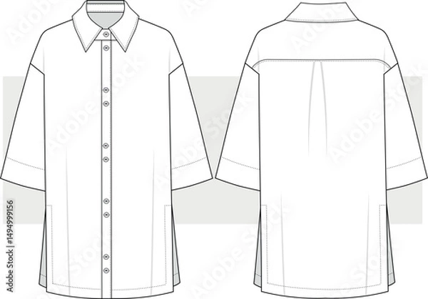 Obraz Oversize basic midi shirt dress, Summer beach dress, vector. Fashion technical drawing, flat sketch, illustration.  Front and back view, Cad, Mockup.
