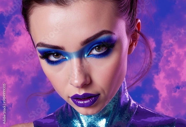 Obraz A woman with striking blue and purple makeup stares intensely at the viewer, set against a vibrant, futuristic backdrop.