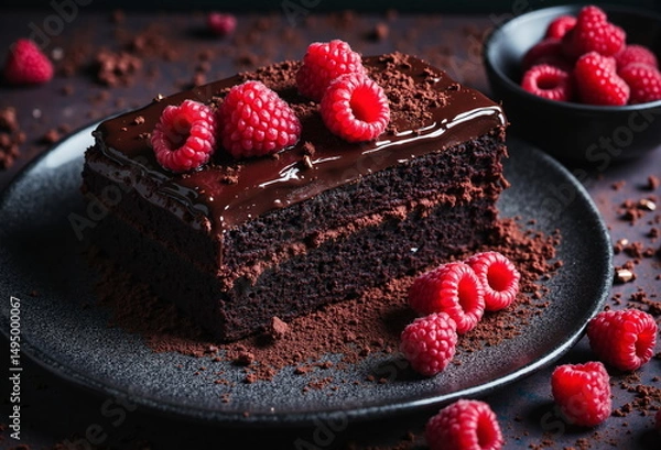 Obraz A rich chocolate brownie, topped with raspberries and a chocolate glaze, sits on a dark plate with cocoa  - Generative AI