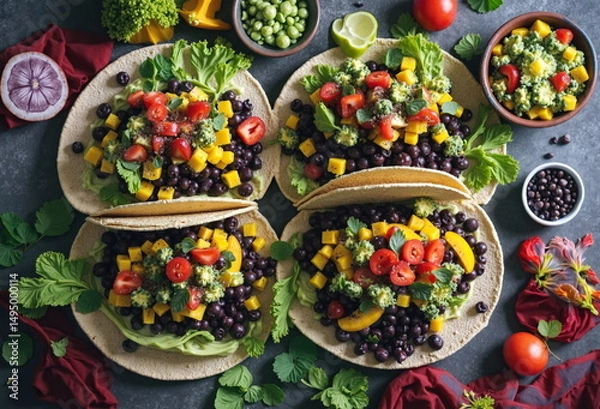 Obraz Four vibrant tacos filled with black beans and butternut squash, topped with a bright green salsa, sit on a dark surface.