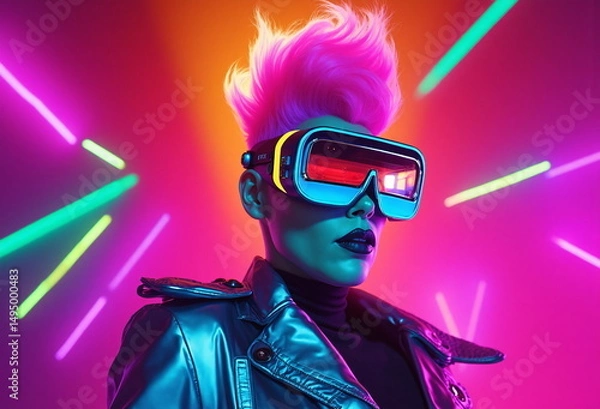 Obraz A person with pink hair and futuristic glasses poses dramatically amidst vibrant neon lights, exuding a cyberpunk aesthetic.
