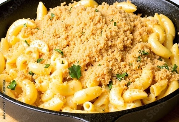 Obraz A skillet of golden mac and cheese is topped with a generous, golden-brown crumb topping and fresh parsley.