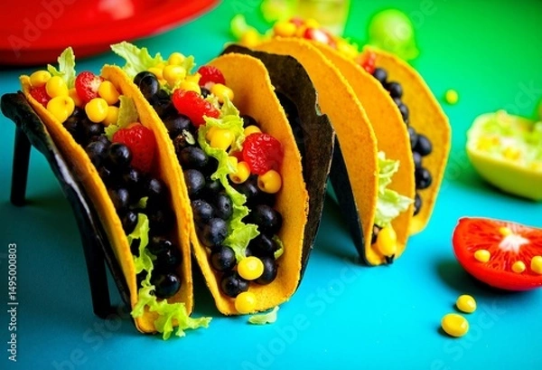 Obraz Colorful tacos filled with black beans, corn, and tomatoes stand on a vibrant blue surface, creating a visually striking  - Generative AI