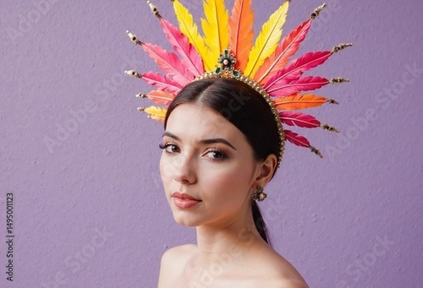 Obraz A young woman with dark hair wears a vibrant feathered headdress against a lavender backdrop, looking directly at the viewer - Generative AI