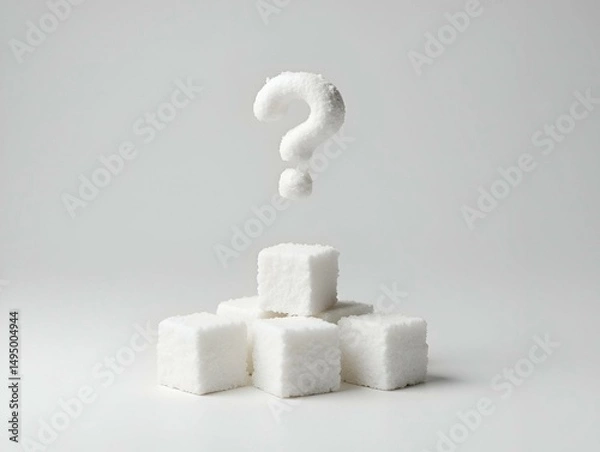 Obraz Conceptual visualization of sugar consumption and questioning health implications with sugar cubes and a floating question mark symbol