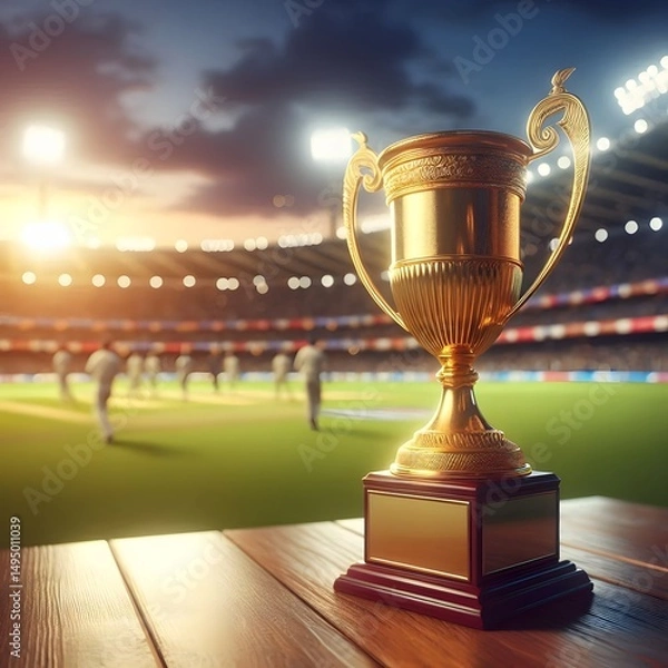 Fototapeta A golden trophy isolated on table in cricket ground with blurred background
