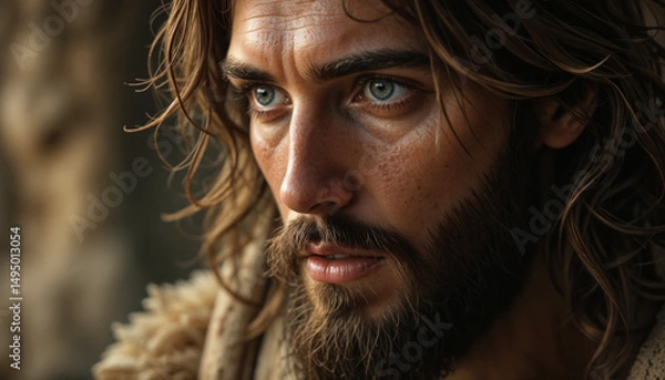Obraz Jesus Christ with long hair and intense expression in a biblical setting