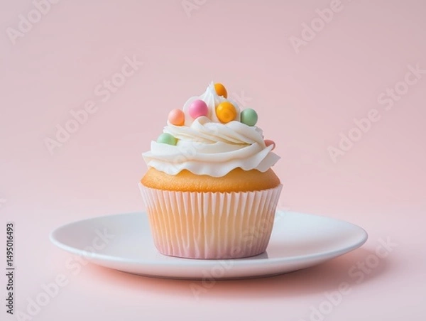 Obraz A minimalist composition featuring a single pastel cupcake centered on a plain white plate.