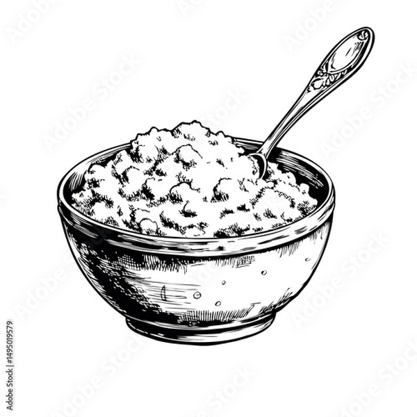 Obraz Bowl of cottage cheese with spoon in vintage hand drawn style
