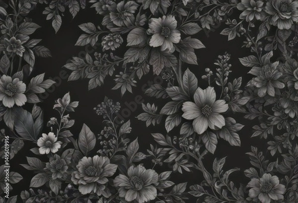 Fototapeta Intricate charcoal botanical wallpaper  Tiny floral elements create a sophisticated, seamless pattern , minimal, interior, intricate
