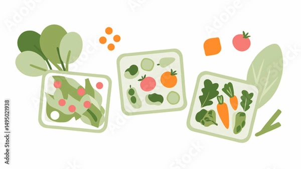 Obraz Illustration showing three square containers filled with various fruits and vegetables on a white background