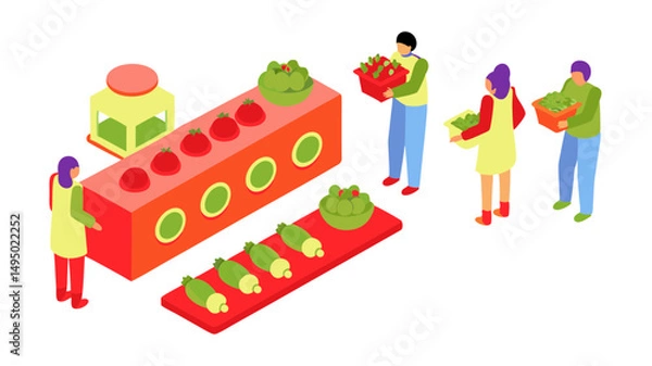 Fototapeta Isometric view of workers processing vegetables on a conveyor belt in a food production facility