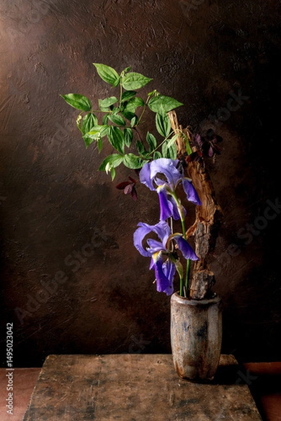 Obraz Purple Iris Flowers in Rustic Vase