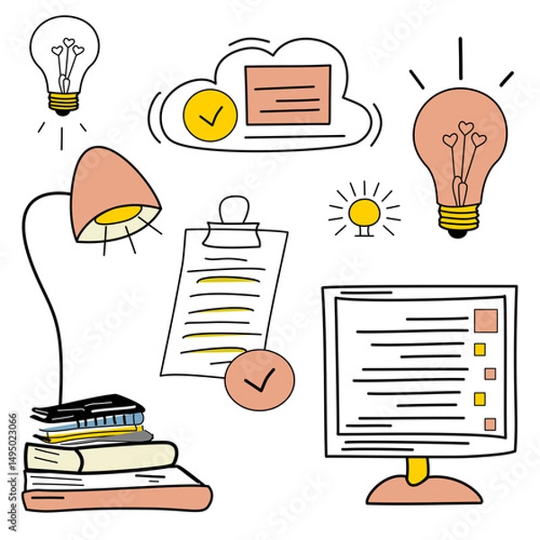 Fototapeta Doodle-style illustration set with books, light bulbs, checklists, cloud icons, and computer monitor. Perfect for school, productivity, and digital learning themes.